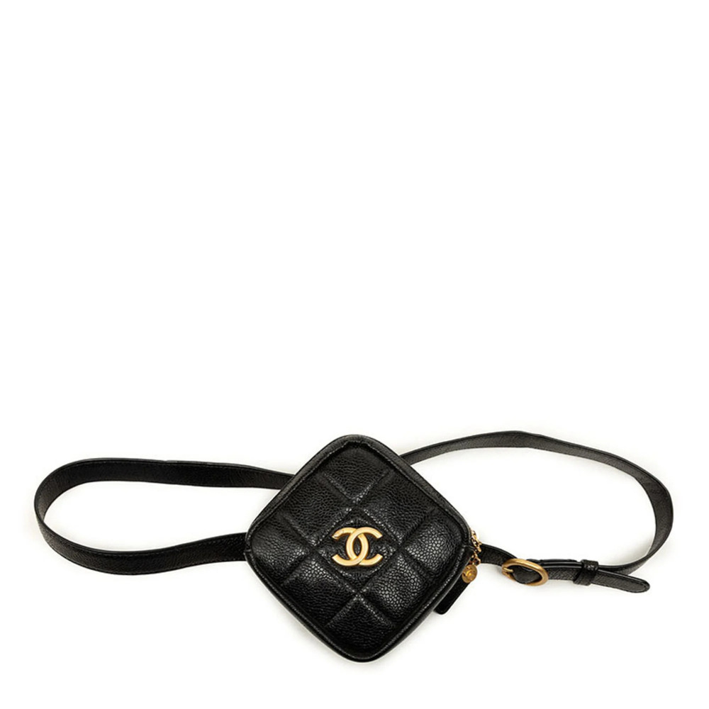 Chanel Matelassé Coco Mark Diamond Shape Waist Bag Body Black Gold Hardware C...